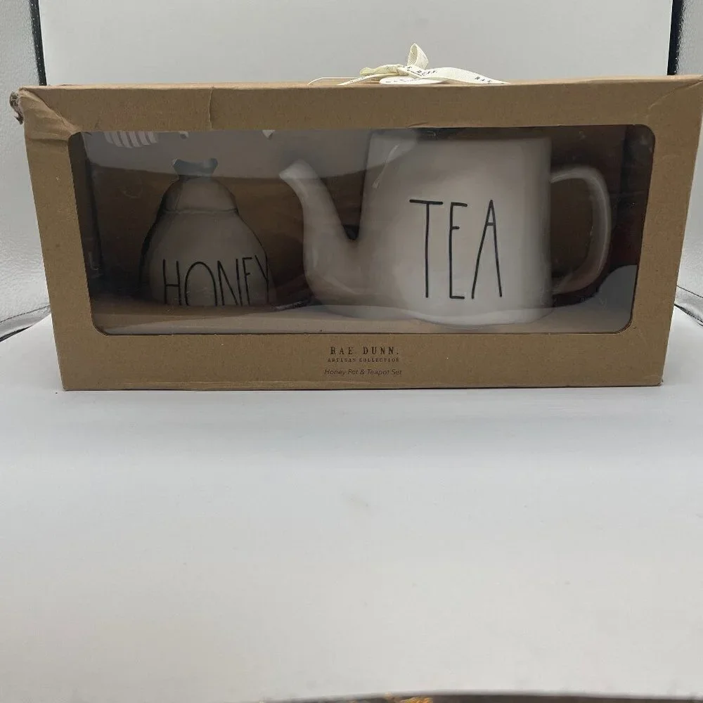 NIB Rae Dunn Honey Pot & Tea Pot Honey Dipper 3- Piece Creamware Gift Set